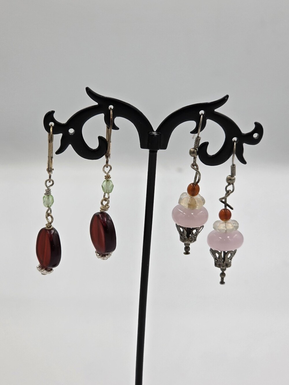 Handcrafted Mixed Bead Dangle Earrings — Pink & Deep Red Leverback
